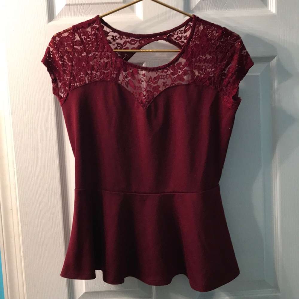 Burgundy peplum with lace top
